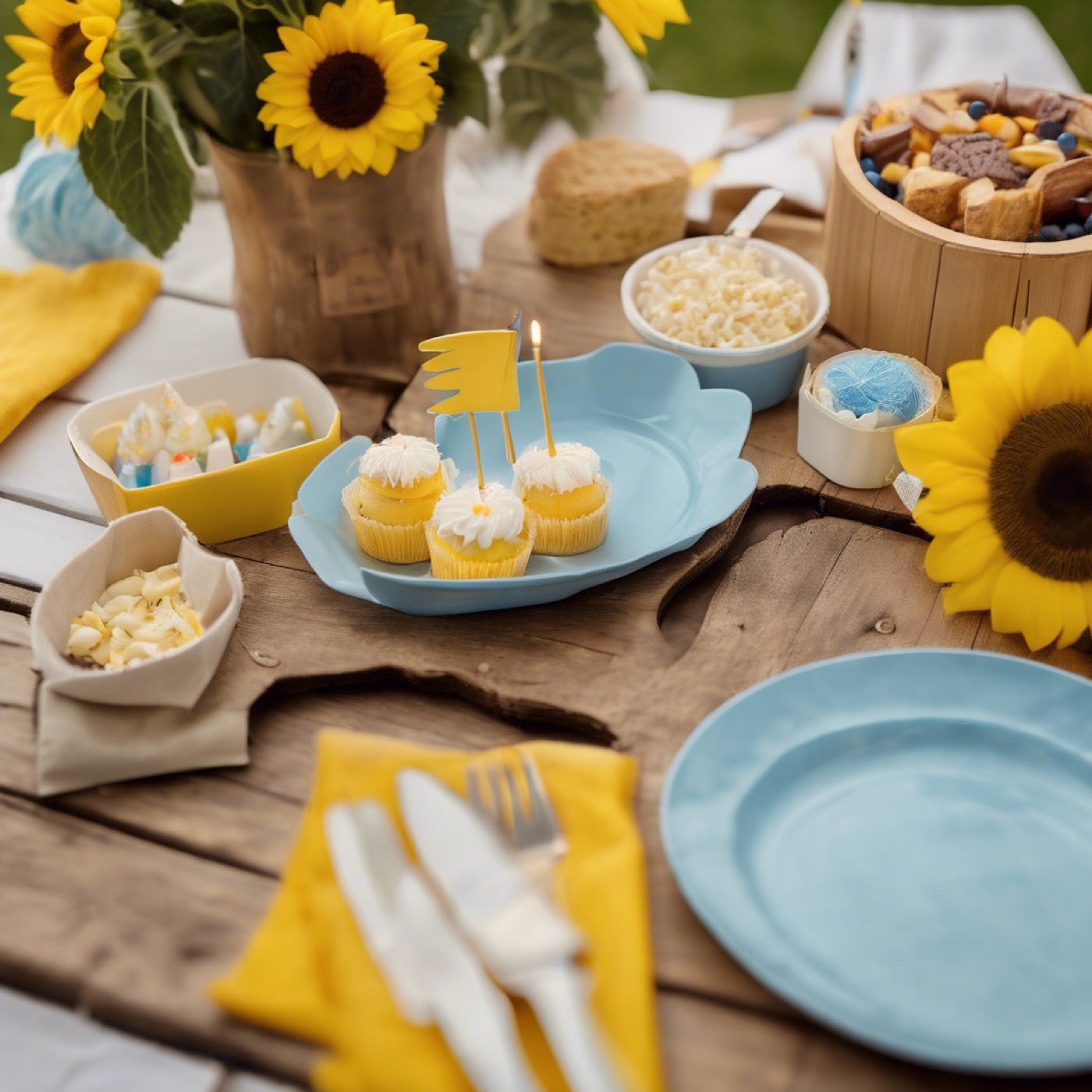 Sunflower birthday table with cupcakes, candles, and sky-blue plates.